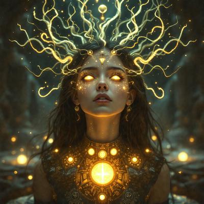 The primary subject of the image is a woman with a unique and intricate headpiece. The setting is a dark, possibly futuristic environment, with a backdrop of a rocky wall. The visual style is a combination of digital art and illustration, creating a surreal and captivating scene. The colors in the image are predominantly dark, with the woman's headpiece and the surrounding environment being illuminated by a bright, glowing light. This creates a mysterious and enigmatic